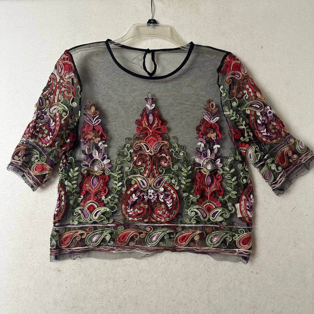 Top Blouse sz S sheer black embroidered floral short sleeve fairygrunge boho‎